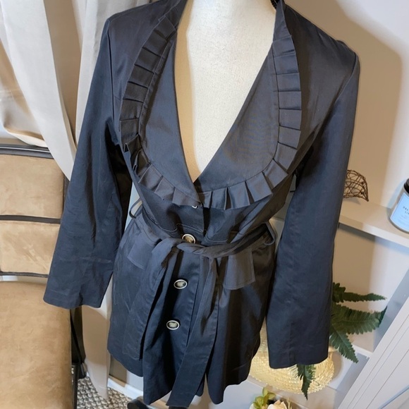 Blue Medium Ruffle Tie Waist Button Women’s Trench Coat Jacket GUC Faux Pockets - Picture 3 of 12